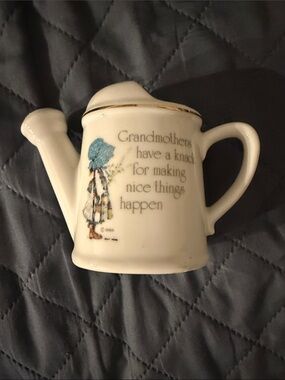 Holly Hobbie Ceramic Grandmother Watering Can Decor - White with Blue Accent